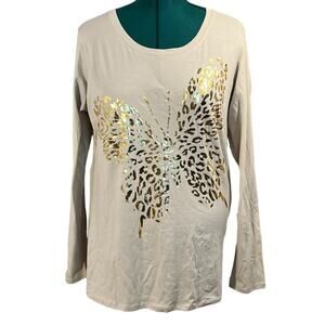 Dots Gold Butterfly Beige Long Sleeve Crew Neck 95% Cotton Plus Size 1X Beige